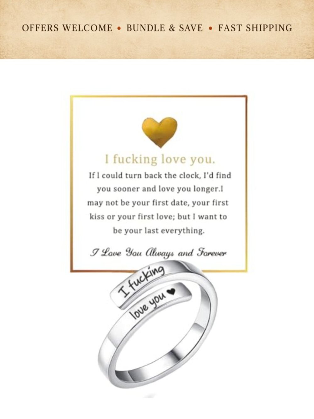 Adjustable Stainless Steel I Need You Promise Ring Engraved Heart